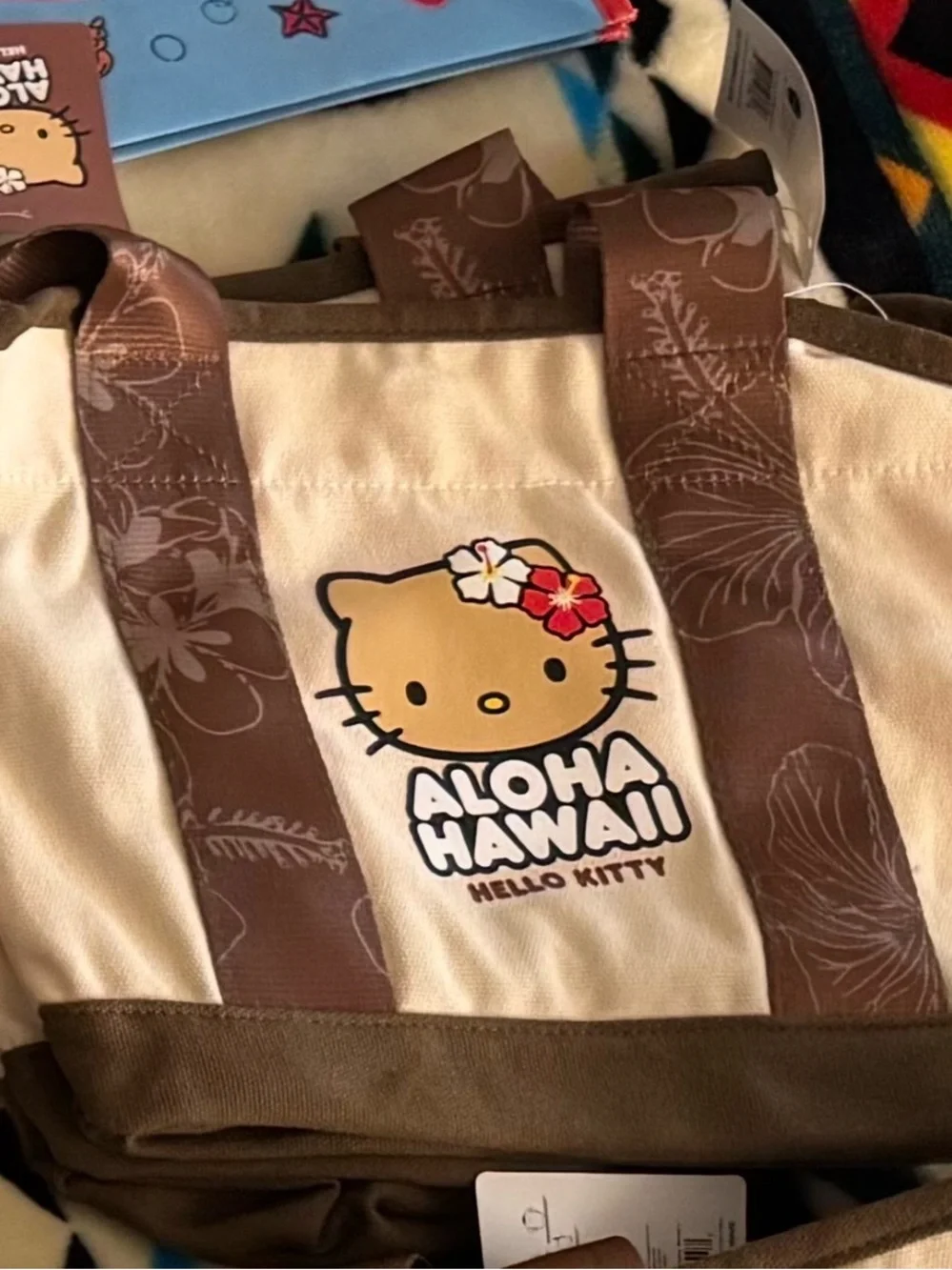 Hello Kitty Cream Tote with Brown Straps and Floral Accent